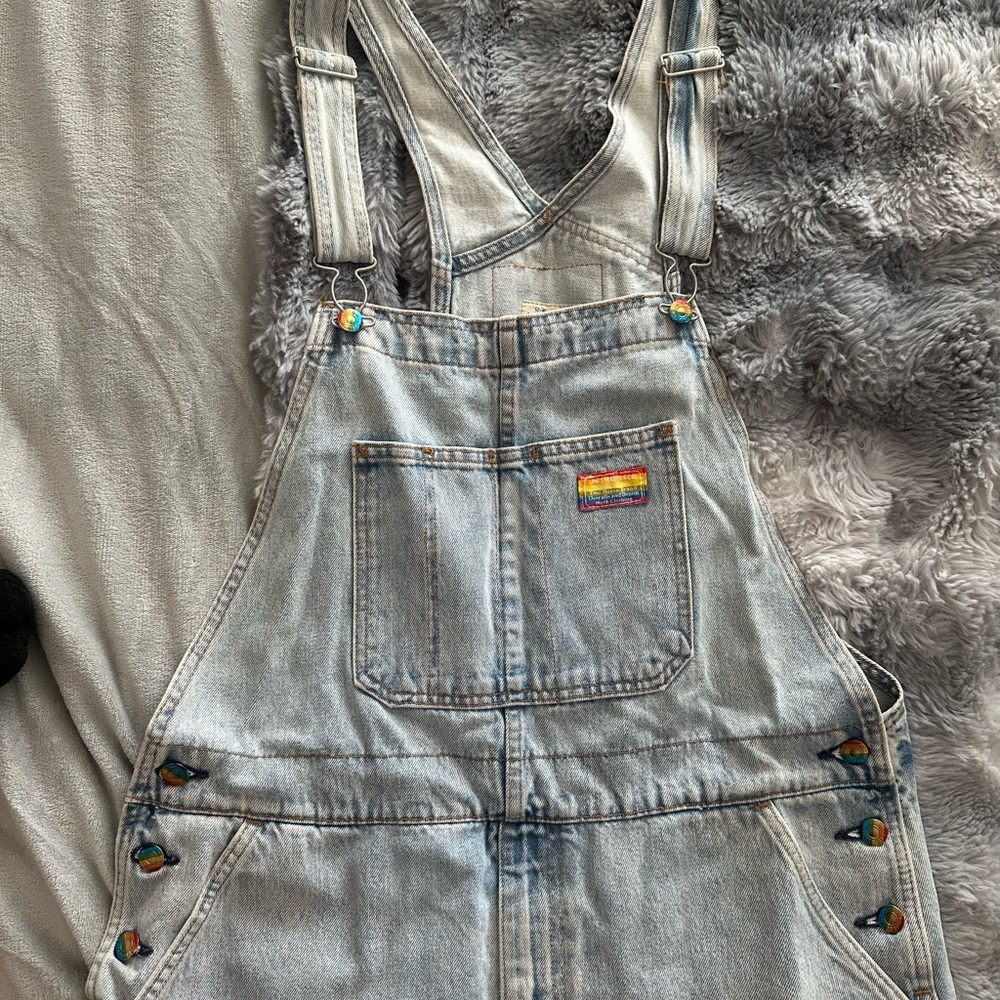 Levi's Pride Collection Light Blue Denim Shorts Overalls Rainbow Accents